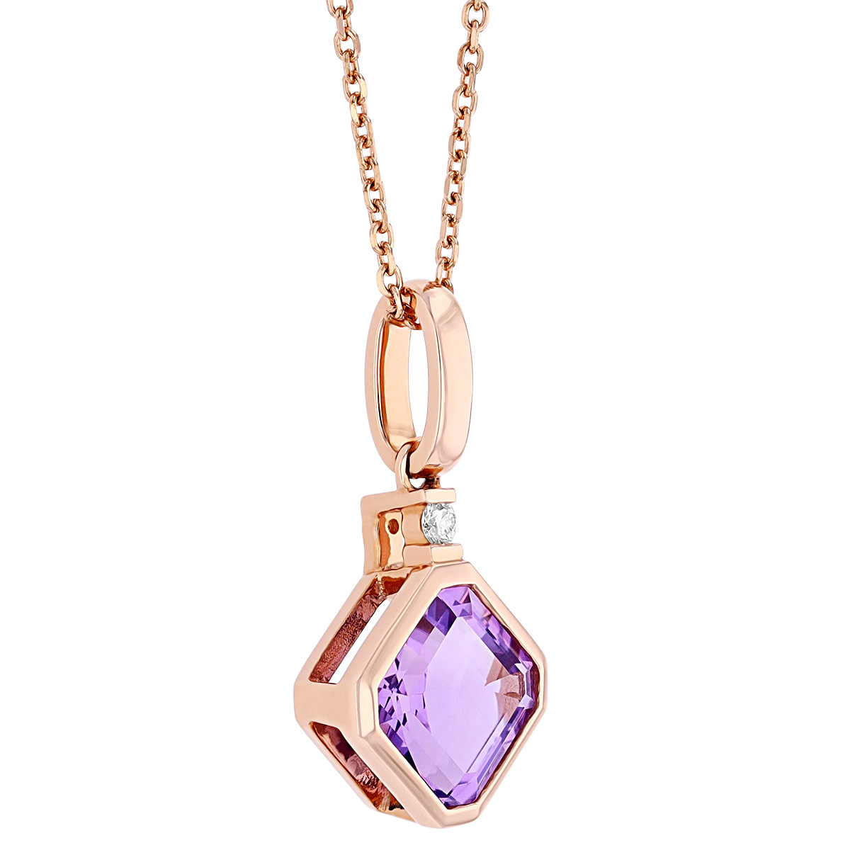 Asscher Cut Amethyst & Diamond Bail Bezel Set Pendant in Rose Gold, 18