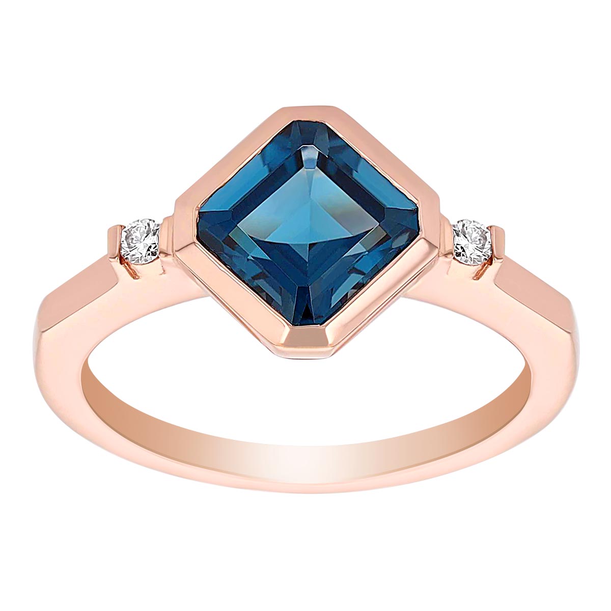 Asscher Cut London Blue Topaz & Diamond Side Stone Bezel Set Ring in Rose Gold