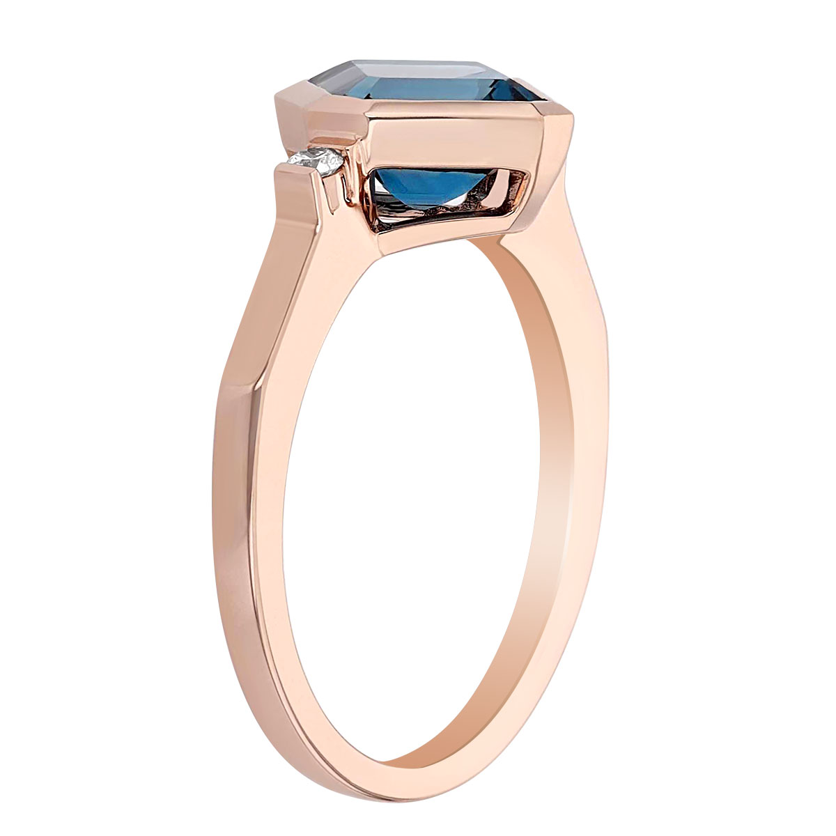 Asscher Cut London Blue Topaz & Diamond Side Stone Bezel Set Ring in Rose Gold