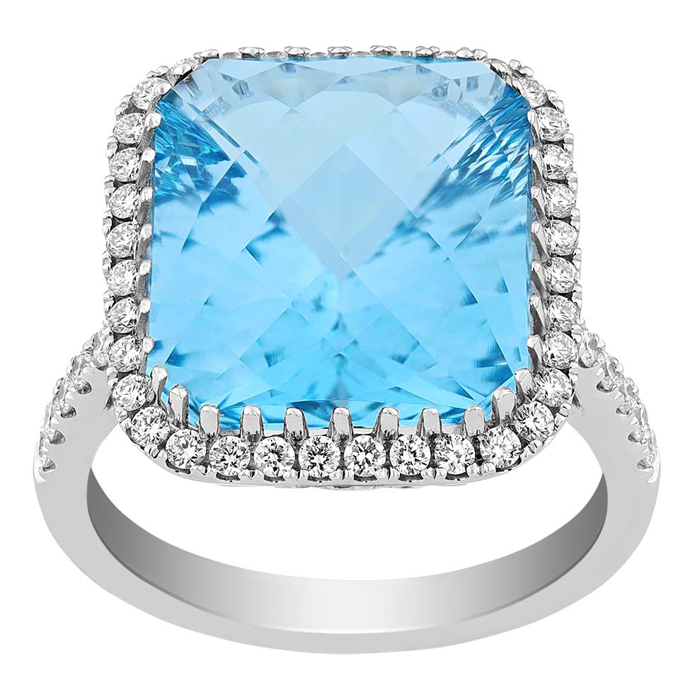 Blue Topaz Checkerboard Cushion Cut Cocktail Ring with Diamond Halo in White Gold