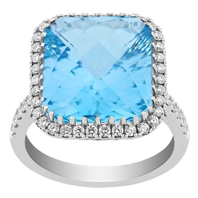Blue Topaz Checkerboard Cushion Cut Cocktail Ring with Diamond Halo in White Gold