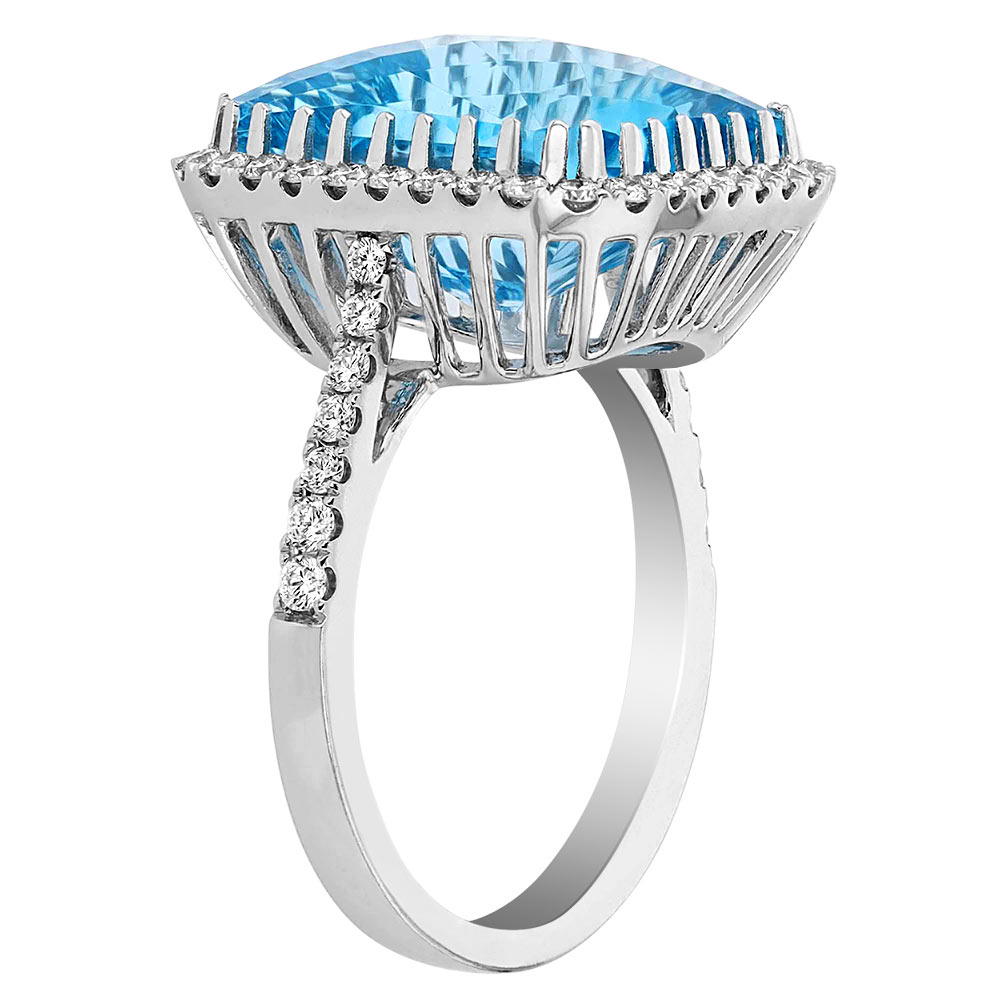 Blue Topaz Checkerboard Cushion Cut Cocktail Ring with Diamond Halo in White Gold