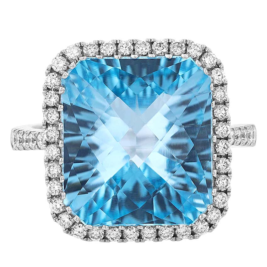 Blue Topaz Checkerboard Cushion Cut Cocktail Ring with Diamond Halo in White Gold
