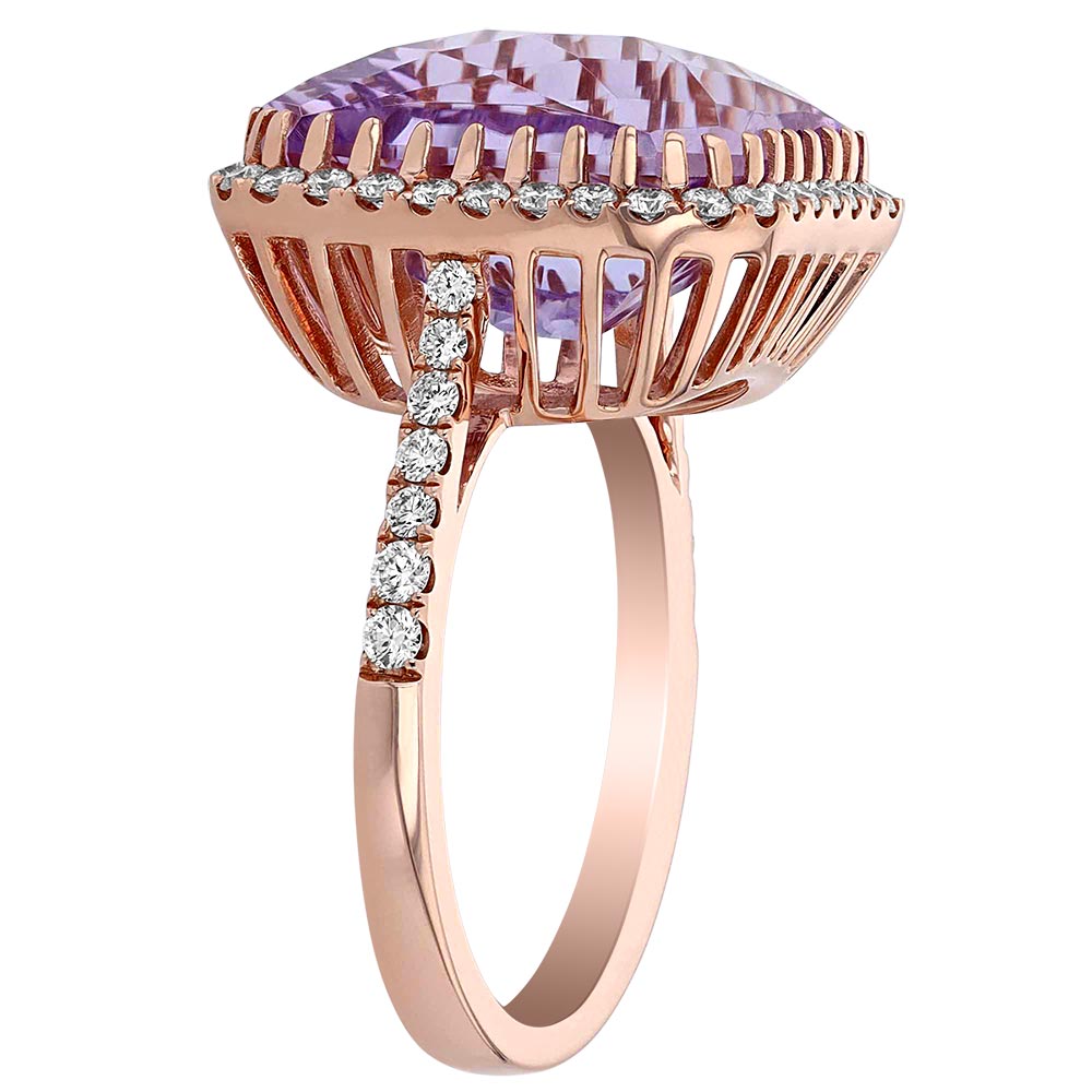 Amethyst Checkerboard Cushion Cut Cocktail Ring with Diamond Halo in Rose Gold