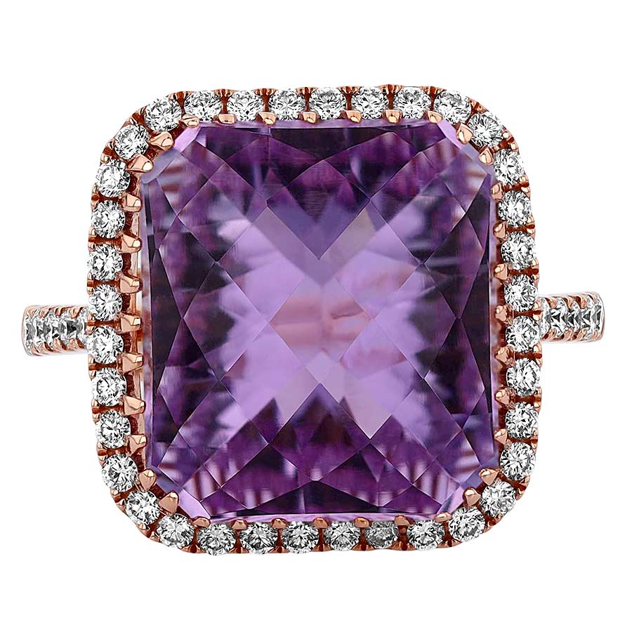 Amethyst Checkerboard Cushion Cut Cocktail Ring with Diamond Halo in Rose Gold