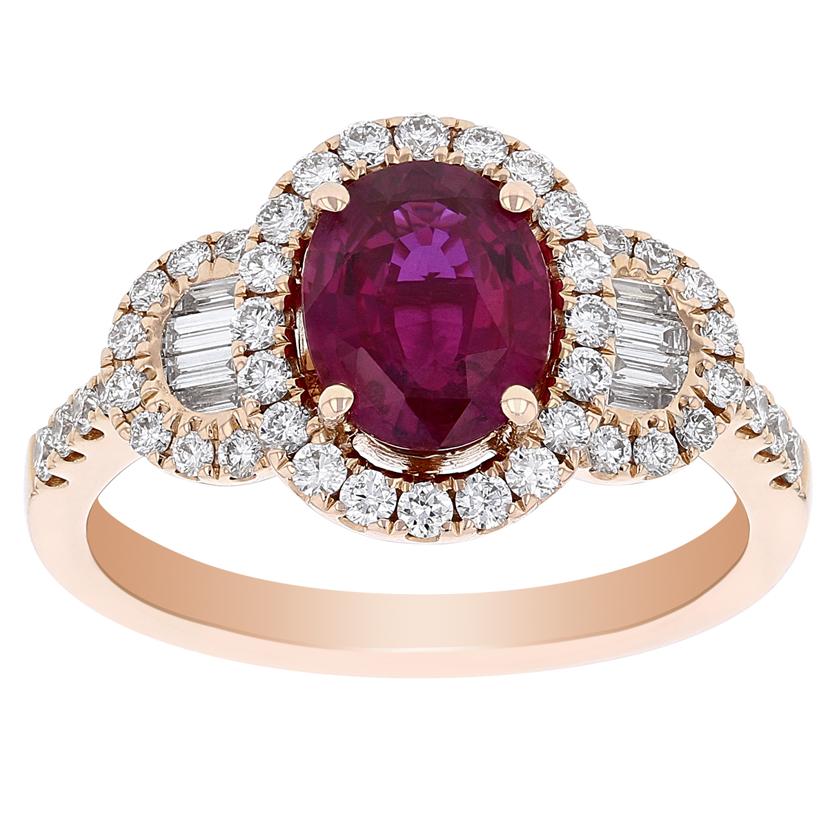 Oval Ruby Ring with Diamond Halo and Baguette Half Moon Sides in Rose Gold