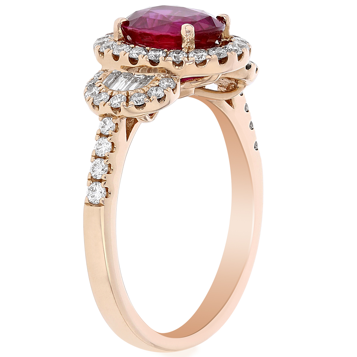 Oval Ruby Ring with Diamond Halo and Baguette Half Moon Sides in Rose Gold