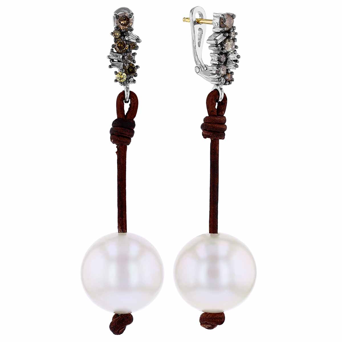 Vincent Peach White Freshwater Cultured Pearl & Multicolored Diamond Drop Earrings in Sterling Silve