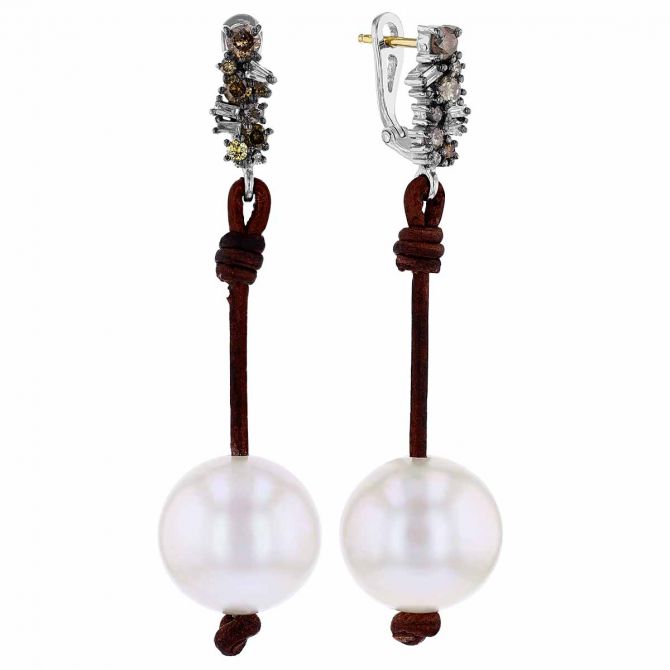 Vincent Peach White Freshwater Cultured Pearl & Multicolored Diamond Drop Earrings in Sterling Silve
