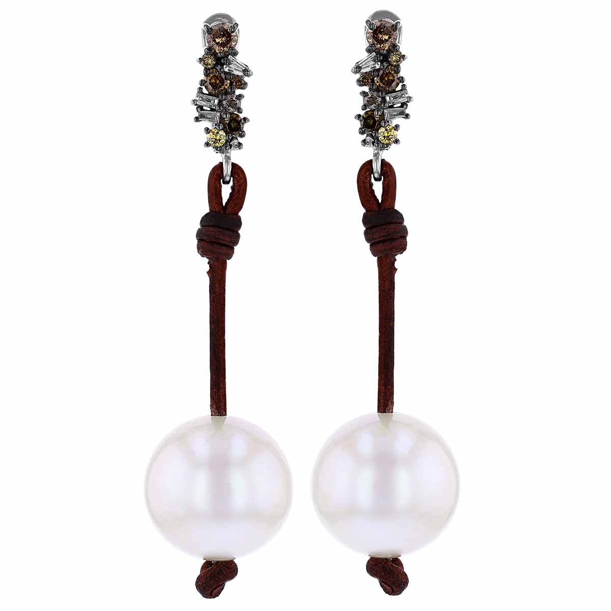 Vincent Peach White Freshwater Cultured Pearl & Multicolored Diamond Drop Earrings in Sterling Silve