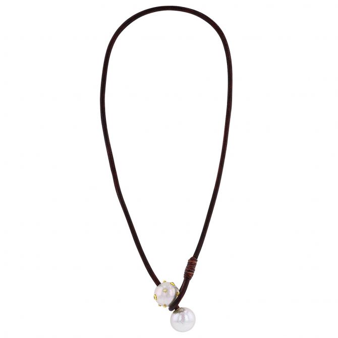 Vincent Peach Camelot Seaplicity Freshwater Cultured Pearl & Diamond Necklace with Leather Cord