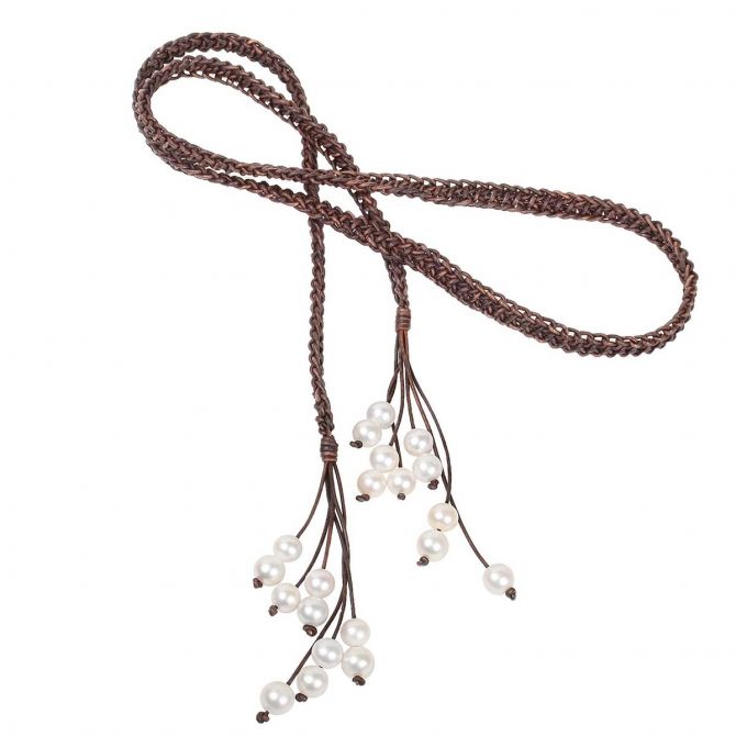 Vincent Peach White Freshwater Cultured Pearl Tassel Flat Braid Waterfall Necklace, 52"