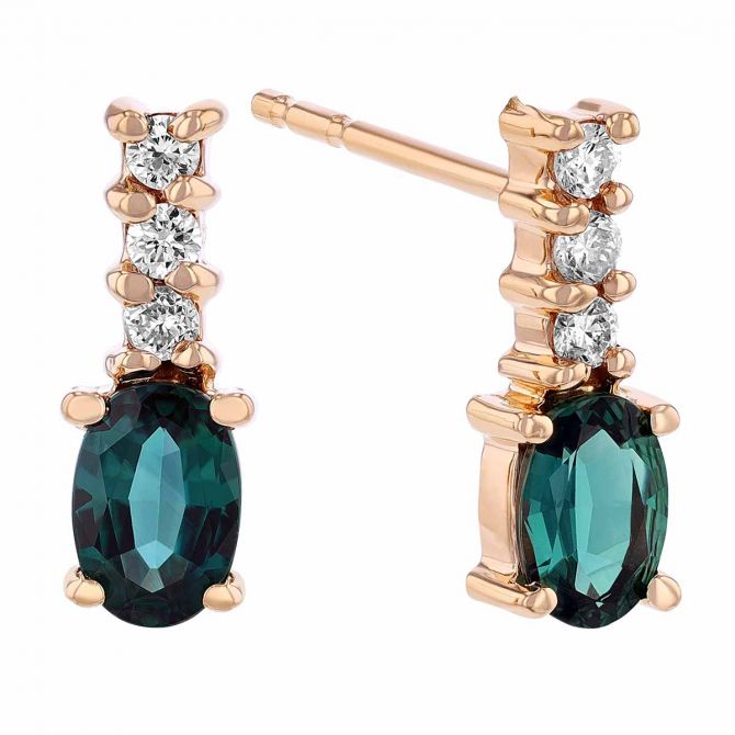 Oval Alexandrite & Diamond Dainty Bar Post Earrings in Rose Gold