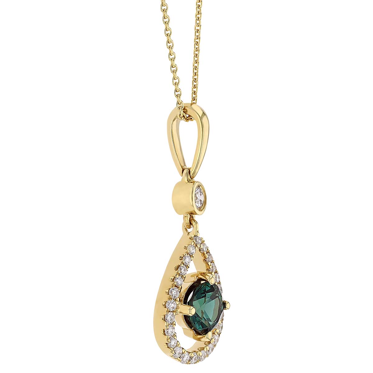 Alexandrite & Diamond Open Teardrop Halo Pendant in Yellow Gold