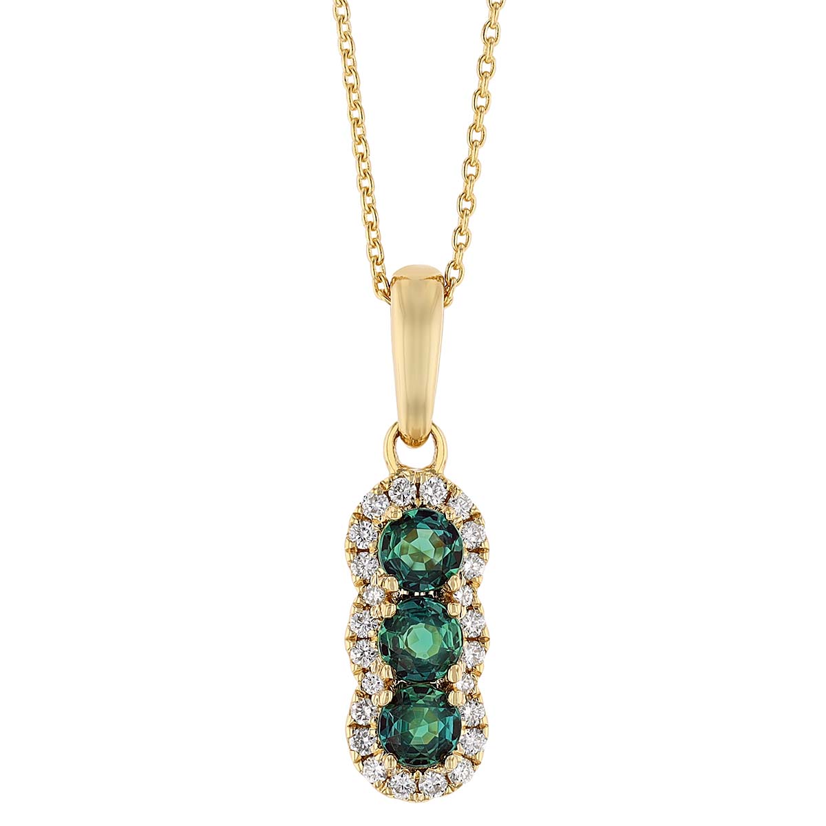 Alexandrite & Diamond Halo Trio Drop Pendant in Yellow Gold