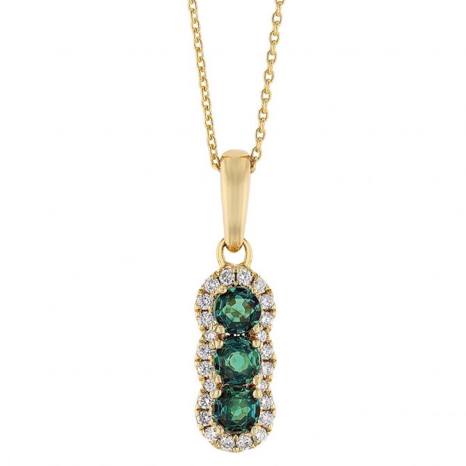 Alexandrite & Diamond Halo Trio Drop Pendant in Yellow Gold