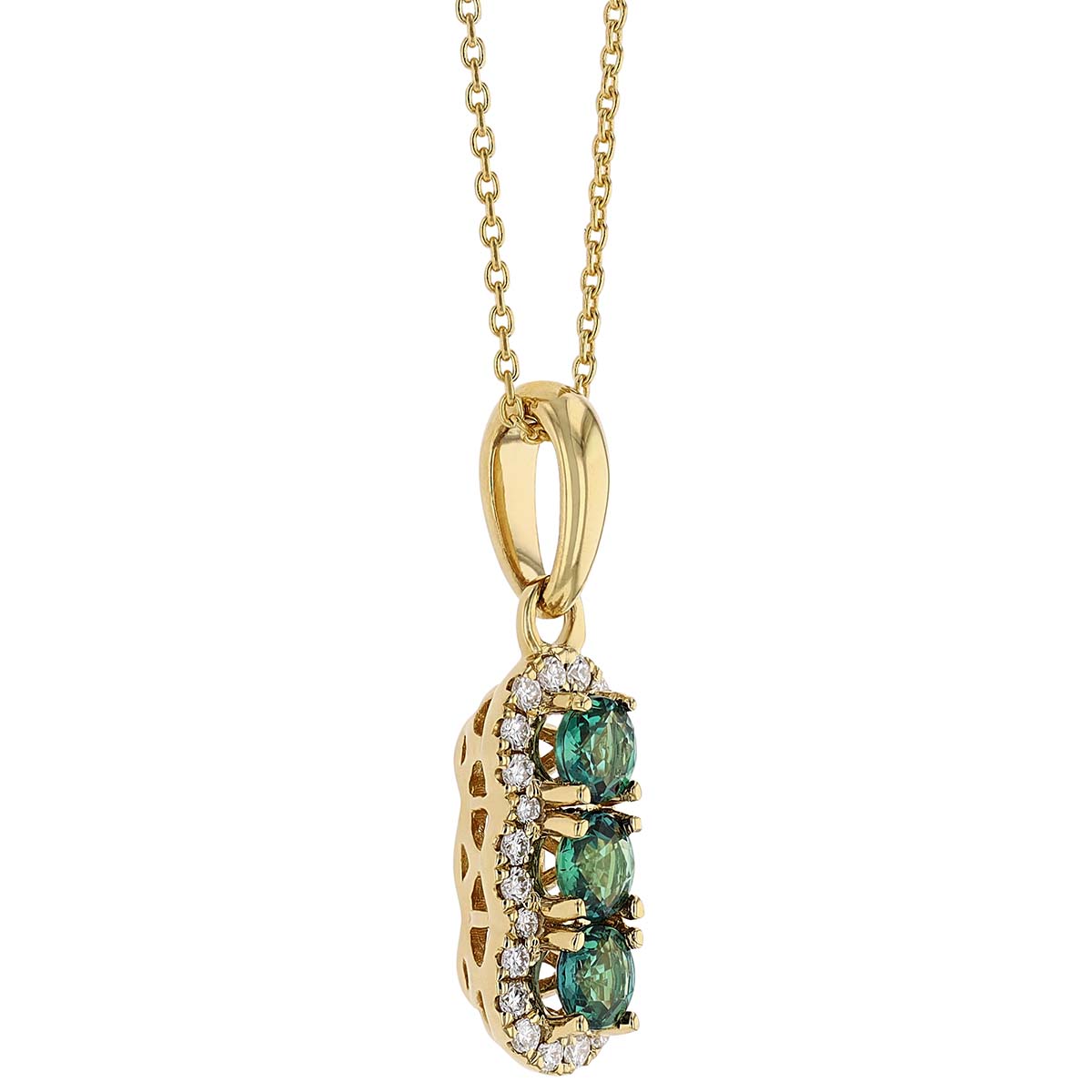 Alexandrite & Diamond Halo Trio Drop Pendant in Yellow Gold
