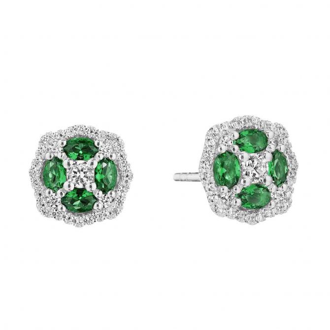 Emerald & Diamond Cluster Scalloped Stud Earrings in White Gold
