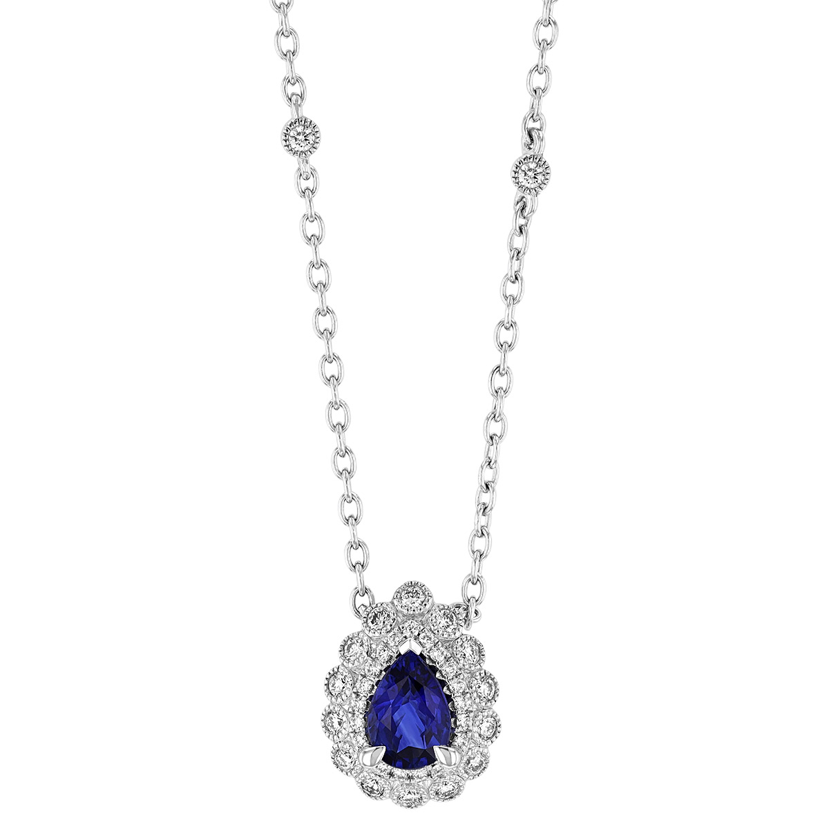 Pear Shaped Sapphire & Diamond Milgrain Double Halo Necklace in White Gold, 18