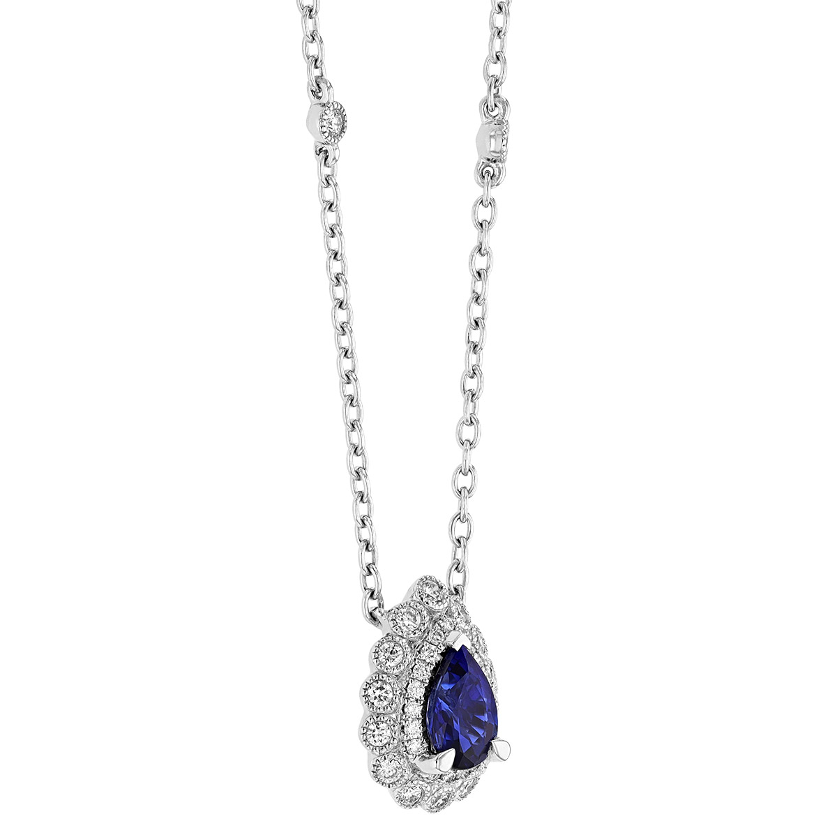 Pear Shaped Sapphire & Diamond Milgrain Double Halo Necklace in White Gold, 18