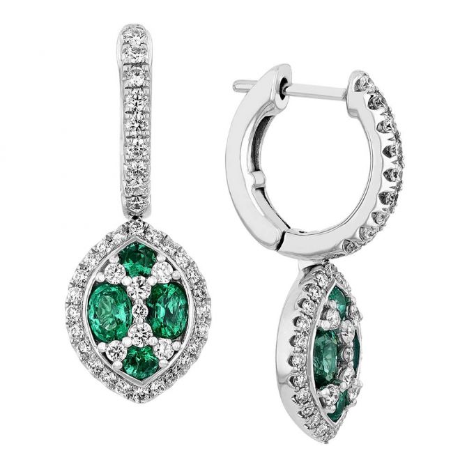 Emerald & Diamond Cluster Dangle Huggie Earrings in White Gold