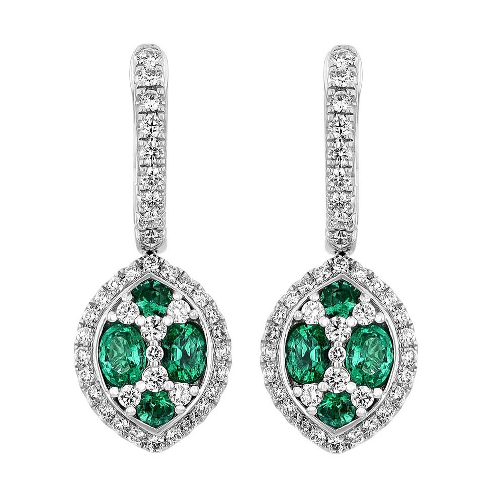 Emerald & Diamond Cluster Dangle Huggie Earrings in White Gold
