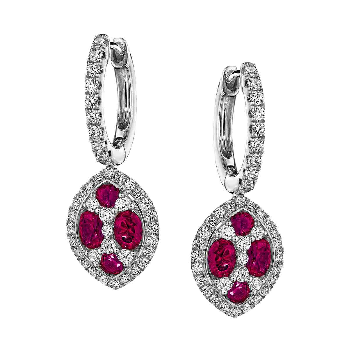 Ruby & Diamond Cluster Navette Dangle Huggie Earrings in White Gold ...
