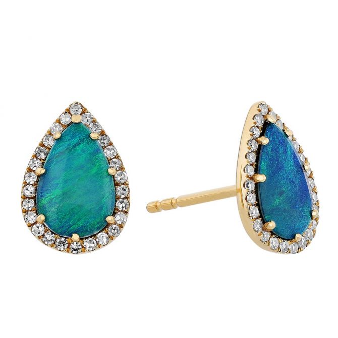 Pear Shaped Boulder Opal Doublet & Diamond Halo Stud Earrings in Yellow Gold