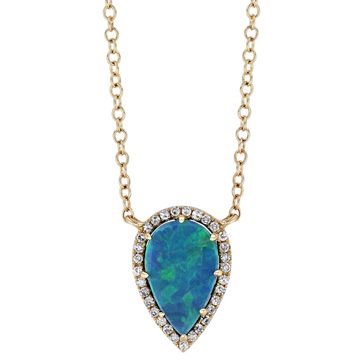 Pear Shaped Boulder Opal Doublet & Diamond Halo Necklace in Yellow Gold, 18