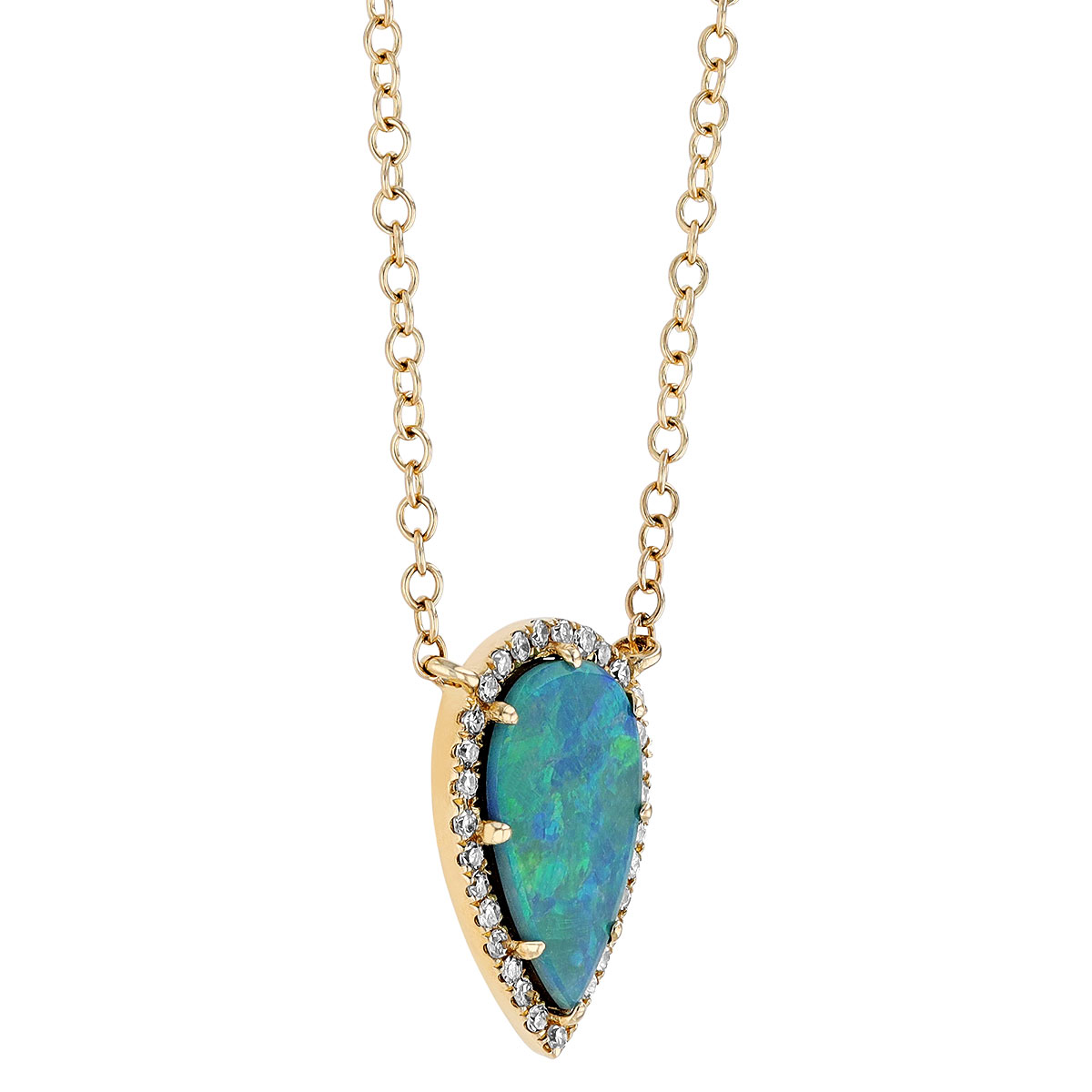 Pear Shaped Boulder Opal Doublet & Diamond Halo Necklace in Yellow Gold, 18