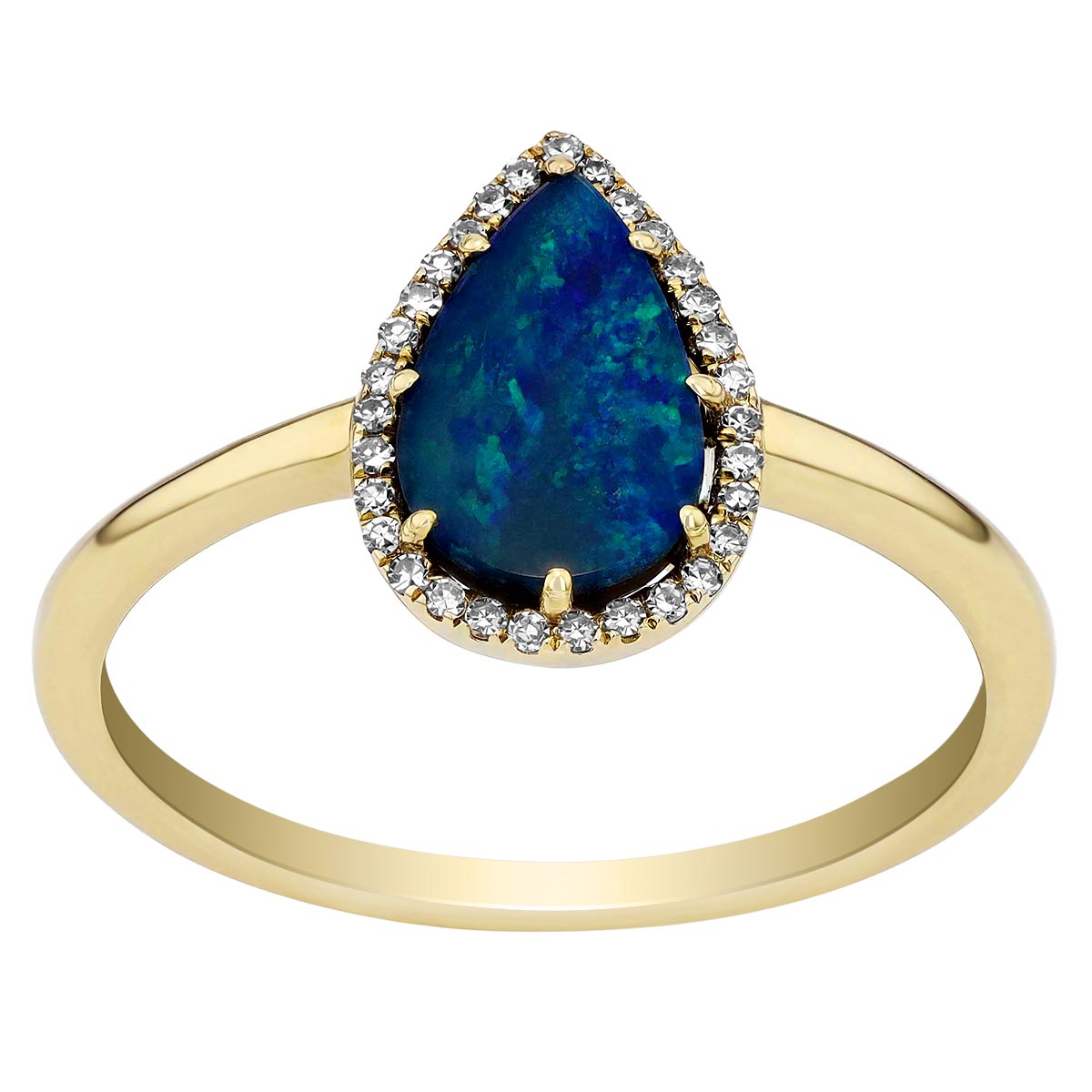 Pear Shaped Black Opal Doublet & Diamond Halo Ring in Yellow Gold