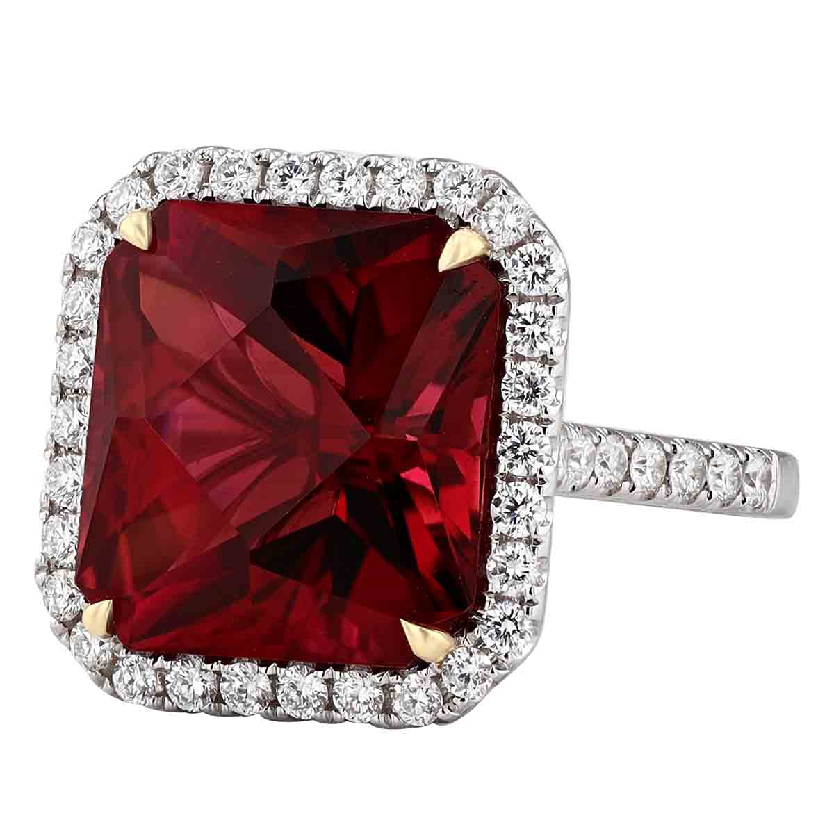Cushion Rubellite Tourmaline & Diamond Halo Cocktail Ring in White Gold