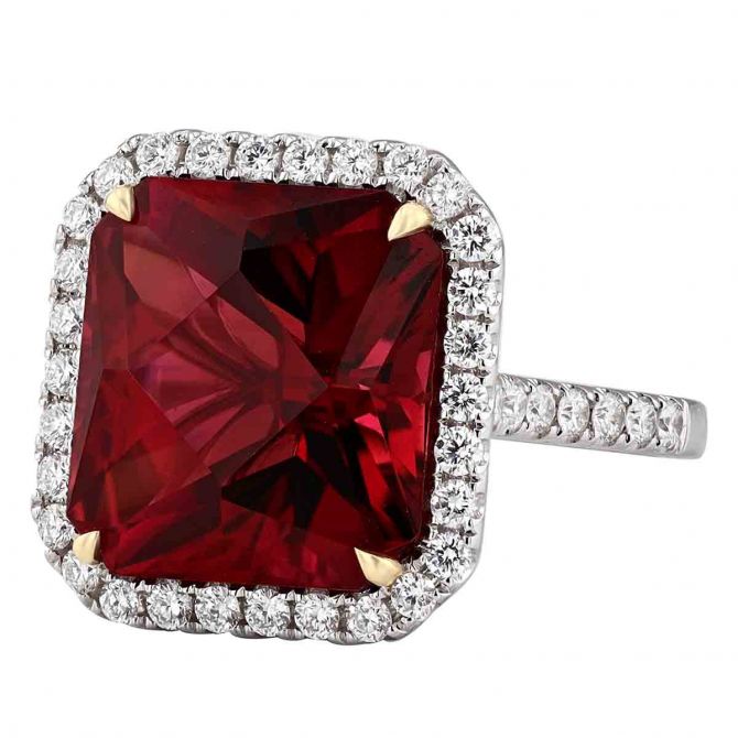 Cushion Rubellite Tourmaline & Diamond Halo Cocktail Ring in White Gold
