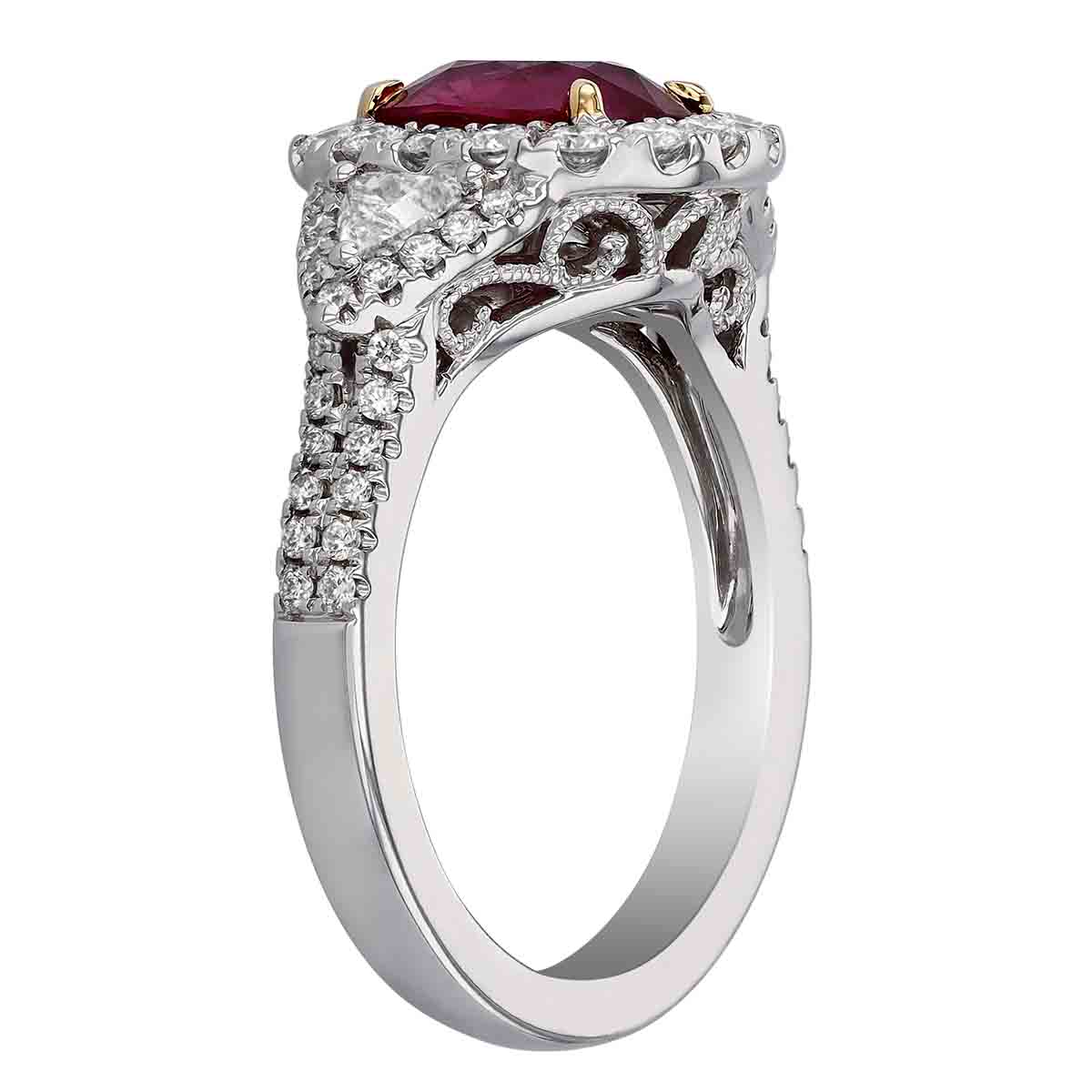 Cushion Ruby & Trillion Diamond 3 Stone Halo Ring in White Gold