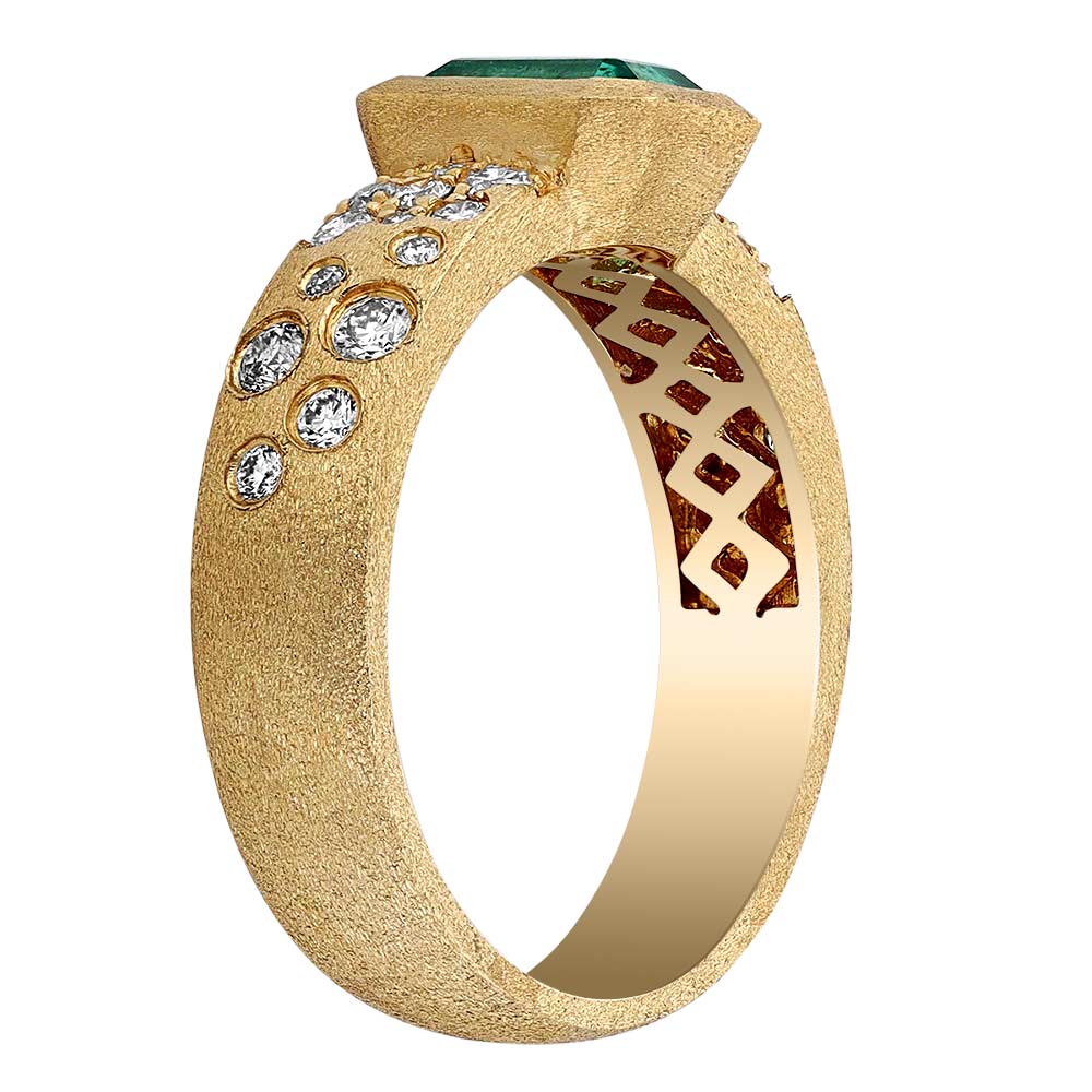 Emerald Cut Emerald Bezel Set Ring in Satin Yellow Gold with Flush Set Diamond Sides