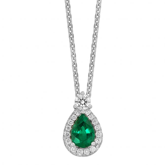 Pear Shaped Emerald & Diamond Halo Pendant in White Gold, 17"