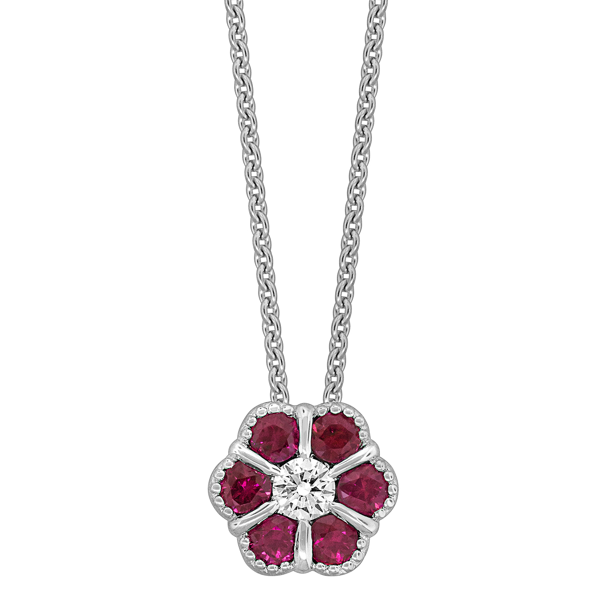 Ruby & Diamond Flower Necklace with Milgrain in White Gold, 17