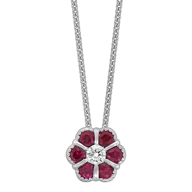 Ruby & Diamond Flower Necklace with Milgrain in White Gold, 17"