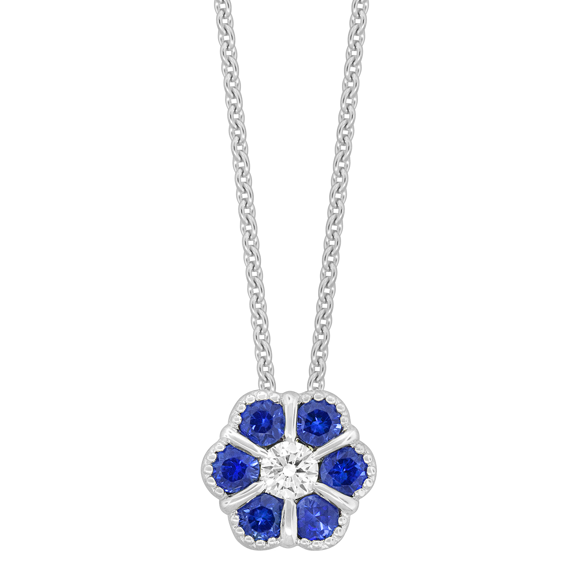 Sapphire & Diamond Flower Necklace with Milgrain in White Gold, 17
