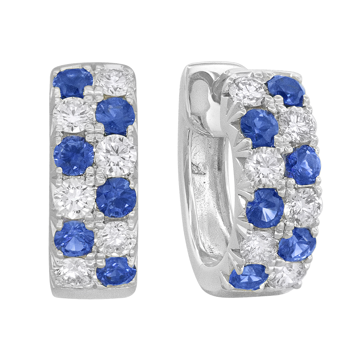 Sapphire & Diamond Alternating 2 Row Huggie Hoop Earrings in White Gold