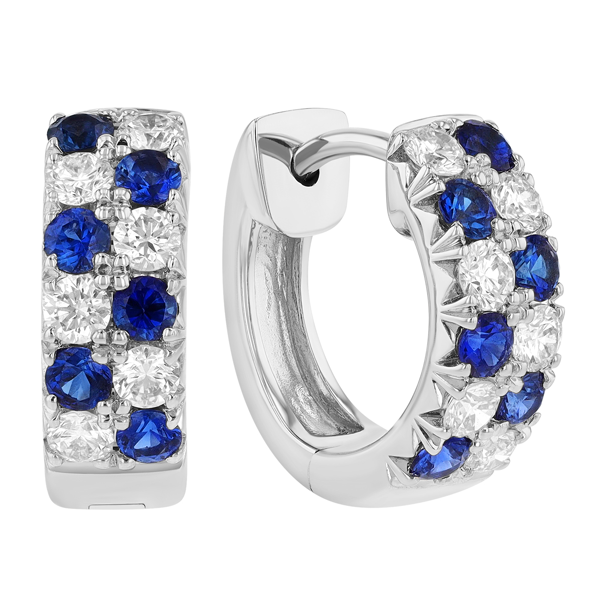 Sapphire & Diamond Alternating 2 Row Huggie Hoop Earrings in White Gold