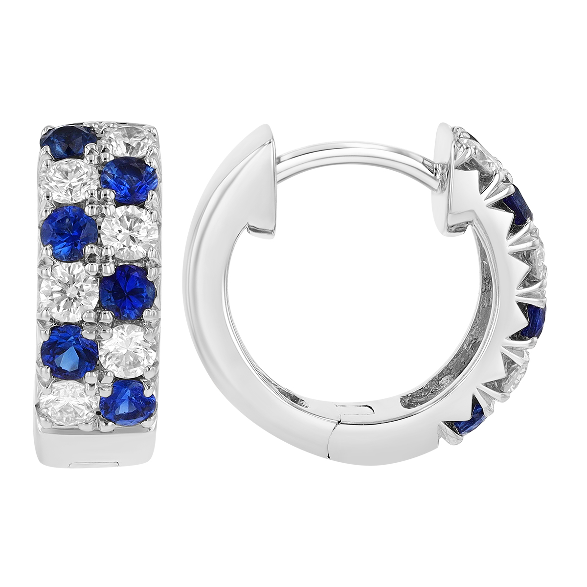 Sapphire & Diamond Alternating 2 Row Huggie Hoop Earrings in White Gold