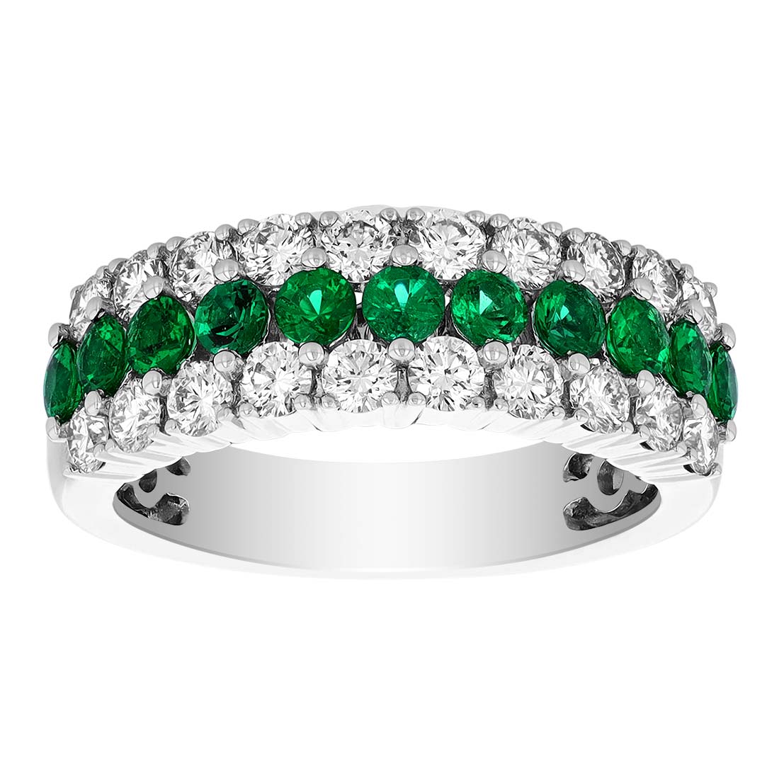 Emerald & Diamond 3 Row Band Ring in White Gold