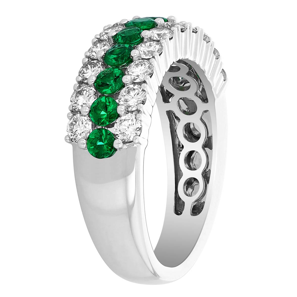 Emerald & Diamond 3 Row Band Ring in White Gold