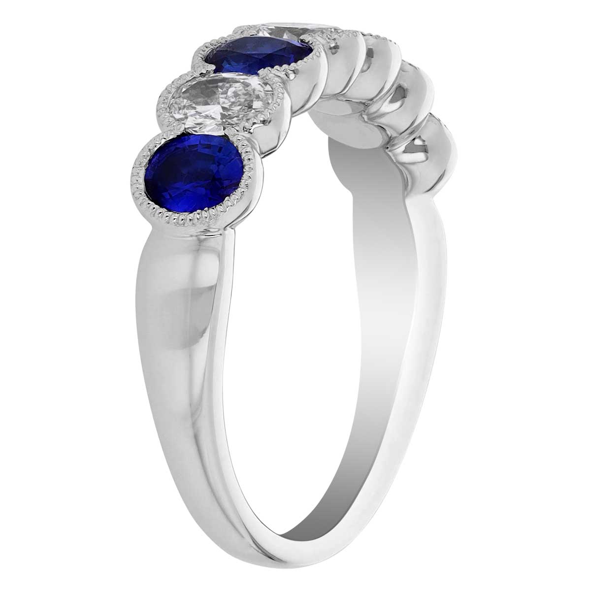 Oval Sapphire & Diamond Alternating Milgrain Demi Halo Ring in White Gold