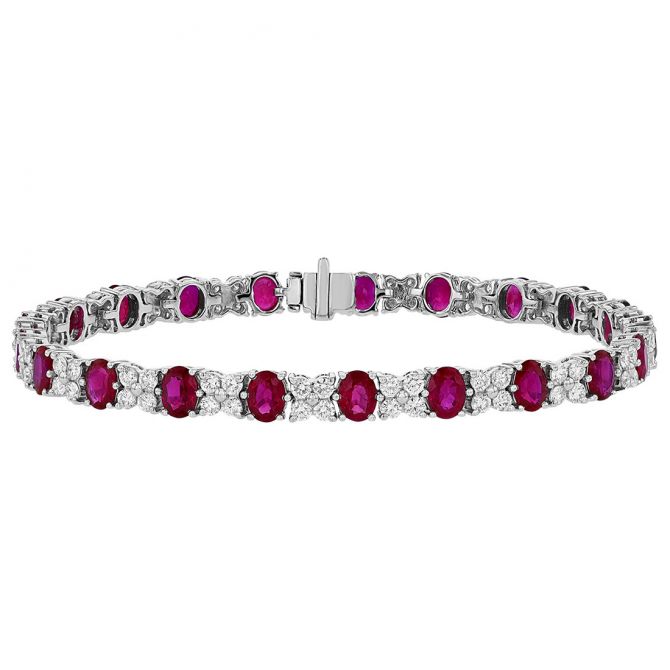 Oval Ruby & Diamond Cluster Tennis Bracelet in White Gold, 7"