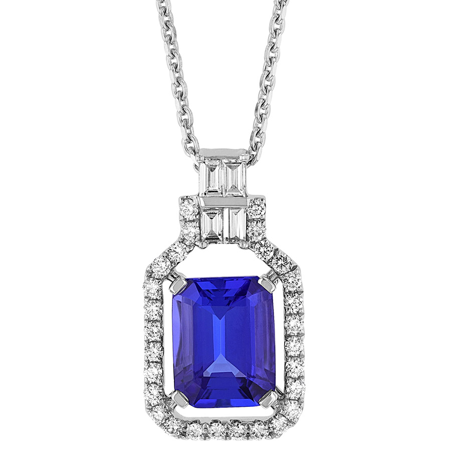 Emerald Cut Tanzanite Pendant with Open Diamond Halo & Mosaic Accent in White Gold, 16