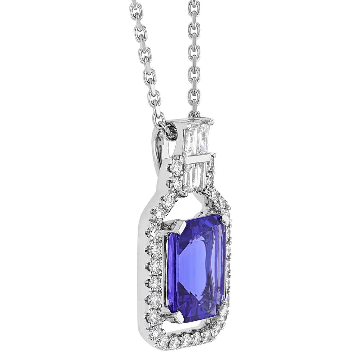 Emerald Cut Tanzanite Pendant with Open Diamond Halo & Mosaic Accent in White Gold, 16