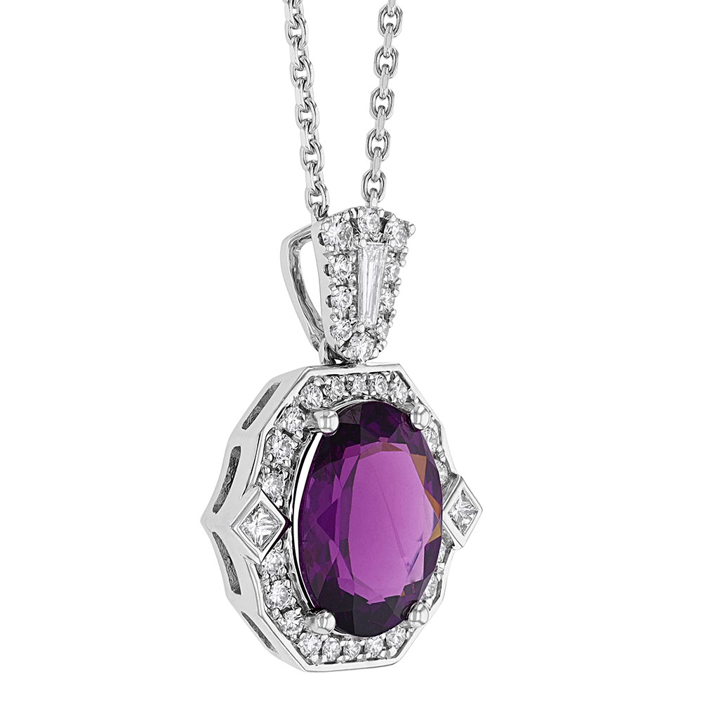 Oval Purple Garnet Pendant with Pointed Diamond Halo & Bail in White Gold, 16