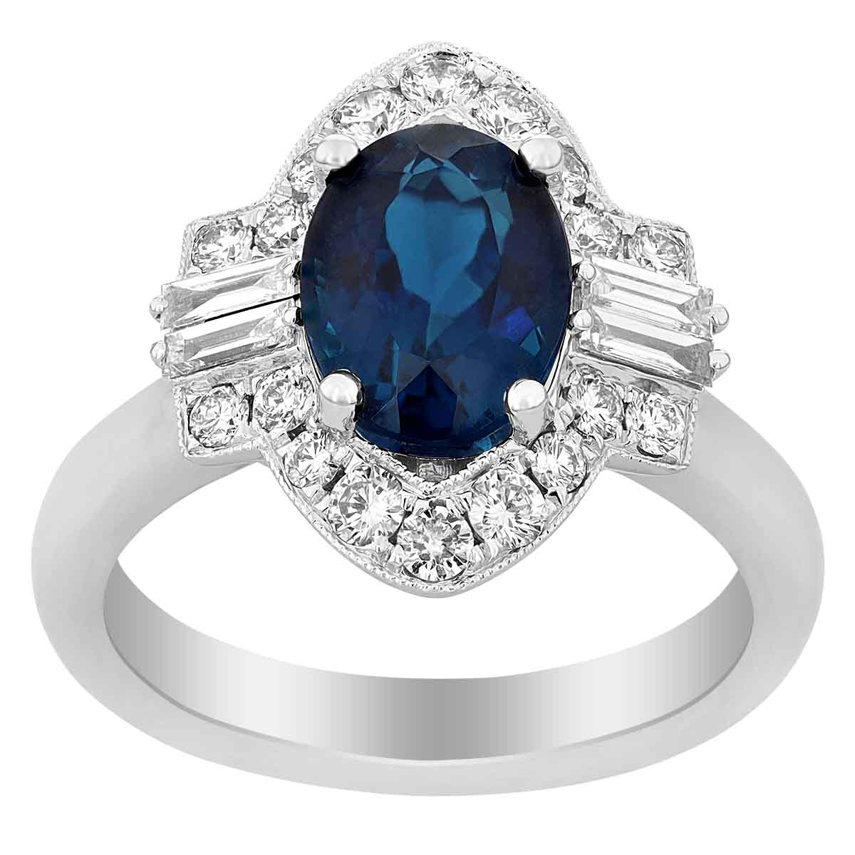 Marquise Indicolite Tourmaline Ring with Diamond Halo & Baguette Sides Stones in White Gold